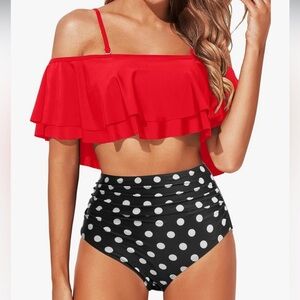 Red Off-Shoulder Ruffle Bikini Top with Black Polka Dot Bottom